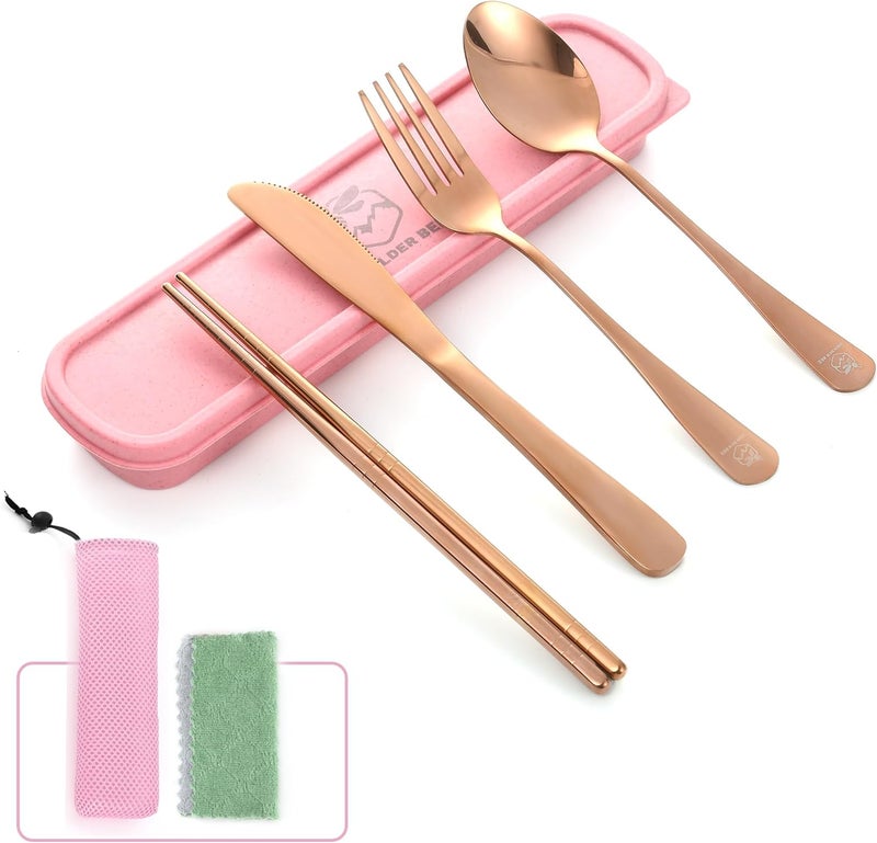 Boulder Bee Travel Utensils Set | Reusable Camping Cutlery Set | Stainless Steel Flatware Set | Portable Silverware Set with Case | Includes Knife/Fork/Spoon/Chopsticks/Cleaning Cloth/Case (Rose) - Image 1